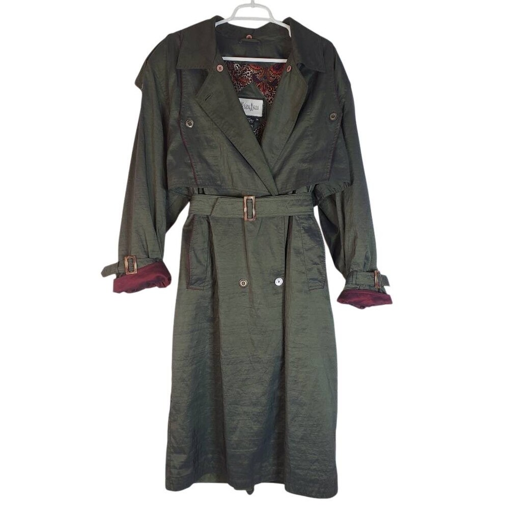 Neiman Marcus Double Breasted‎ Belted Water Resistant Trench Coat Olive Green 14